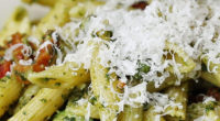 Ingredients: 3 cloves garlic 15 asparagus spears 1 Tbsp. olive oil Salt, to taste Pepper, to taste 8 oz penne pasta 4 cups fresh basil leaves 1/3 cup pine nuts […]