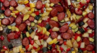 Cube the following veggies: 2 large potatoes (peeled) 2 zucchini 2 yellow squash 1 red pepper (seeded) 1/2 onion Slice 2 sausage links. Place all the veggies and sausage on […]