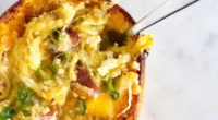 Ingredients: 1 spaghetti squash Oil, to brush Salt and pepper, to season 1/2 cup of bacon, chopped 4 eggs 1/2 cup cheddar cheese Green onion, garnish Directions: 1. Preheat oven […]